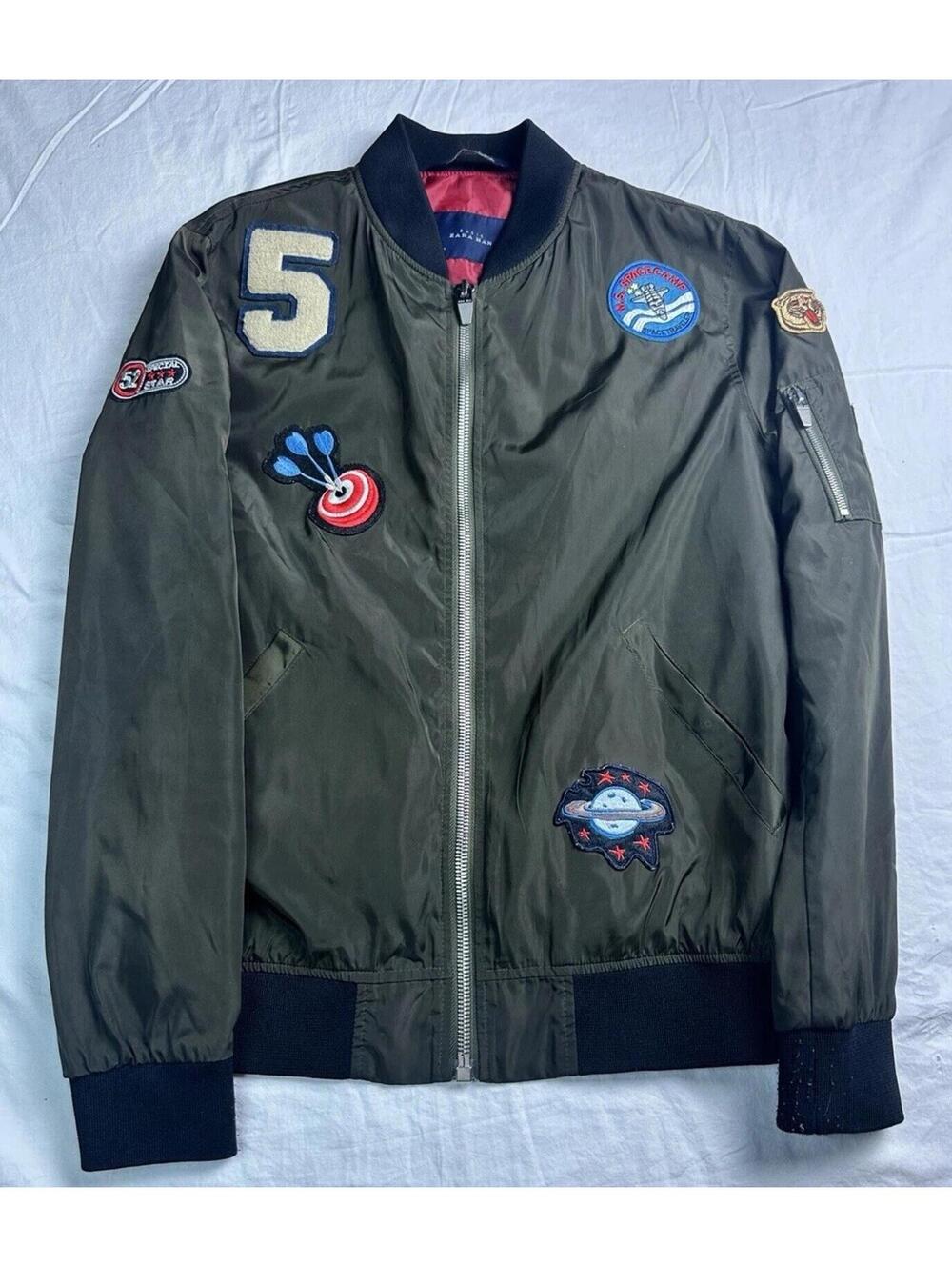 🧥🚀 Zara Man Olive Bomber Jacket Space Patch Military Style 🚀🧥